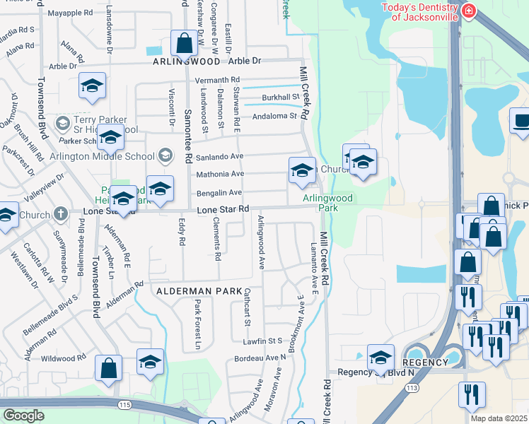 map of restaurants, bars, coffee shops, grocery stores, and more near 1475 Arlingwood Avenue in Jacksonville