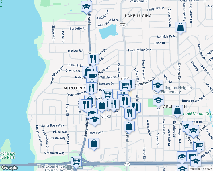 map of restaurants, bars, coffee shops, grocery stores, and more near 1619 Almira Street in Jacksonville