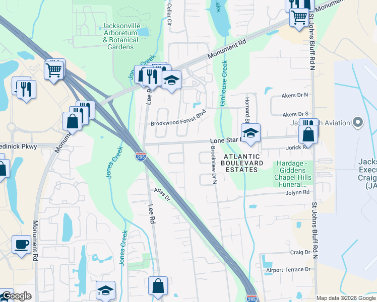 map of restaurants, bars, coffee shops, grocery stores, and more near 929 Jackson Road in Jacksonville