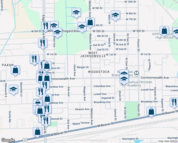 map of restaurants, bars, coffee shops, grocery stores, and more near 1026 Melson Avenue in Jacksonville