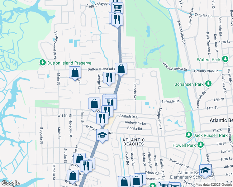 map of restaurants, bars, coffee shops, grocery stores, and more near 1805 Florida A1A in Atlantic Beach