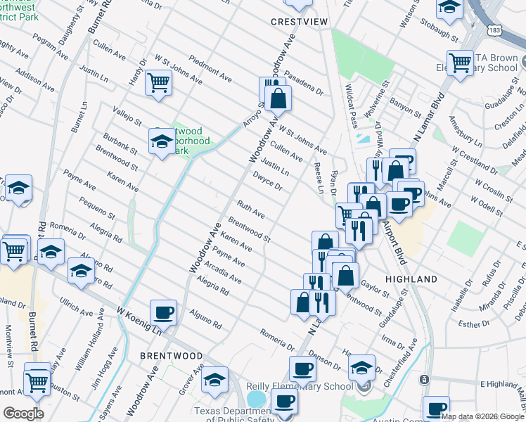 map of restaurants, bars, coffee shops, grocery stores, and more near 1213 Ruth Avenue in Austin