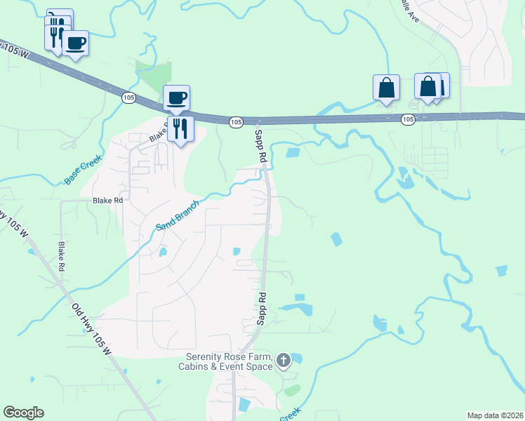 map of restaurants, bars, coffee shops, grocery stores, and more near 1688 Sapp Road in Conroe