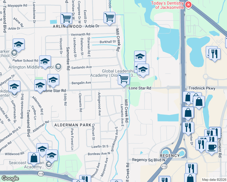 map of restaurants, bars, coffee shops, grocery stores, and more near 8630 Lone Star Road in Jacksonville
