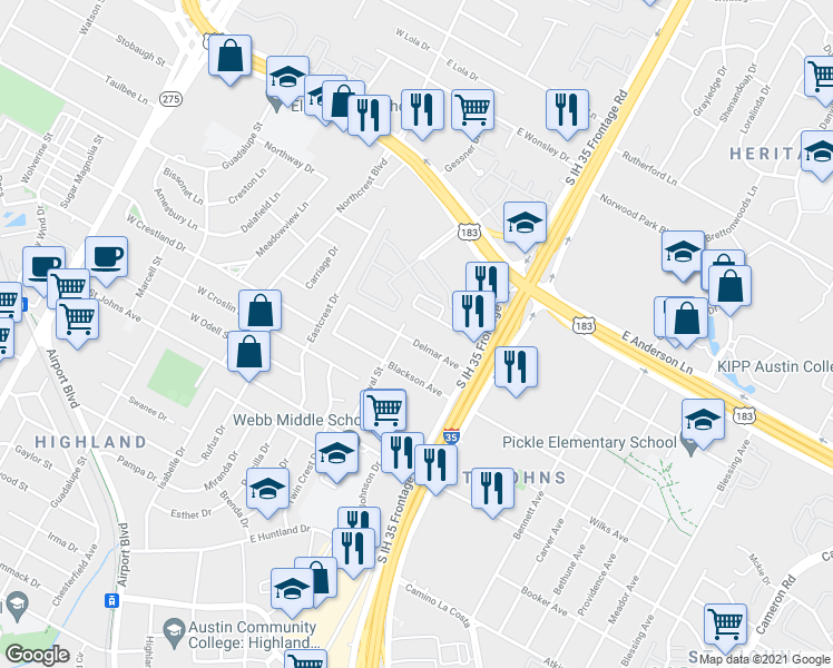map of restaurants, bars, coffee shops, grocery stores, and more near 510 Delmar Avenue in Austin