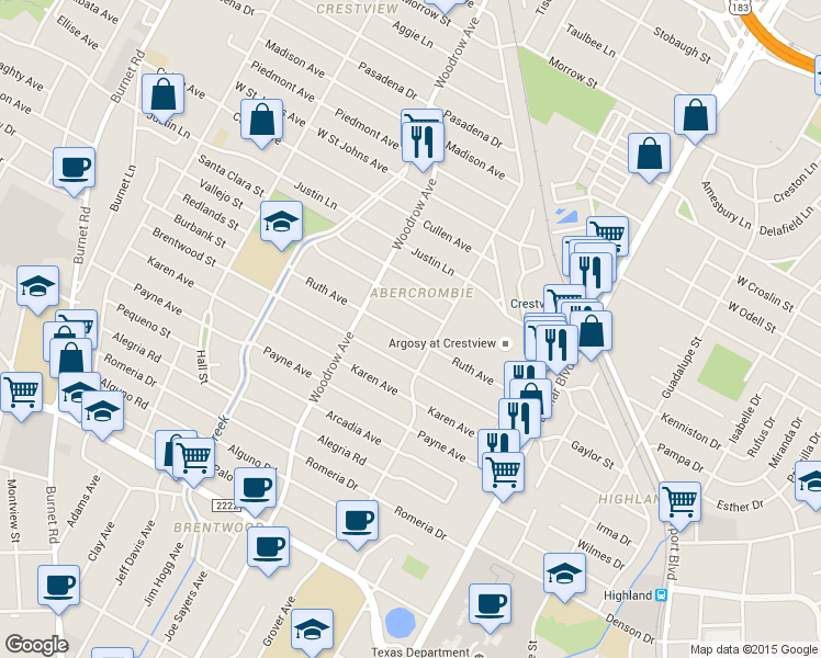 map of restaurants, bars, coffee shops, grocery stores, and more near 1213 Ruth Avenue in Austin
