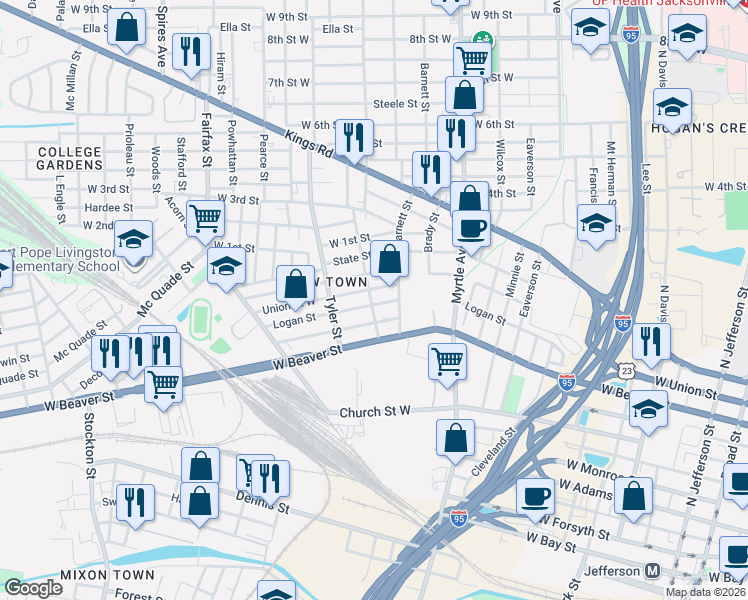 map of restaurants, bars, coffee shops, grocery stores, and more near 803 Rushing Street in Jacksonville
