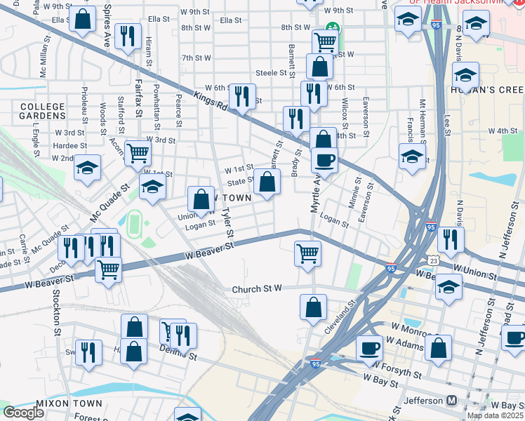 map of restaurants, bars, coffee shops, grocery stores, and more near 1419 Logan Street in Jacksonville