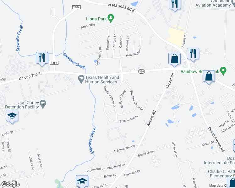 map of restaurants, bars, coffee shops, grocery stores, and more near 1003 Midlane Circle in Conroe