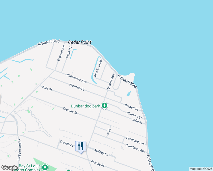 map of restaurants, bars, coffee shops, grocery stores, and more near 1510 Dunbar Avenue in Bay St. Louis