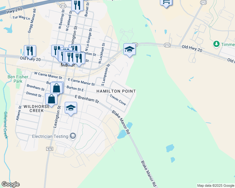 map of restaurants, bars, coffee shops, grocery stores, and more near 16801 Jaron Dr in Manor