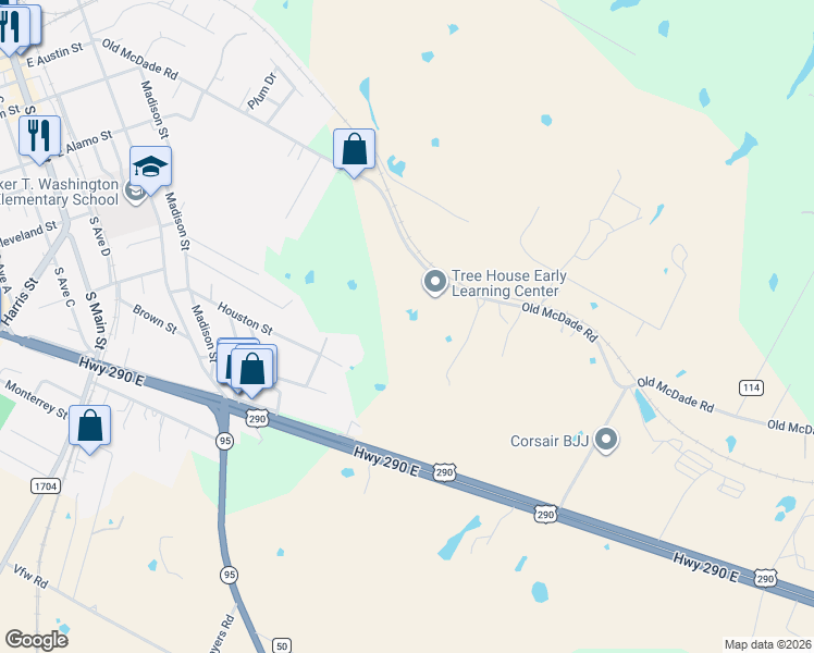 map of restaurants, bars, coffee shops, grocery stores, and more near 898 Old McDade Road in Elgin