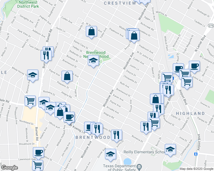 map of restaurants, bars, coffee shops, grocery stores, and more near 1409 Brentwood Street in Austin
