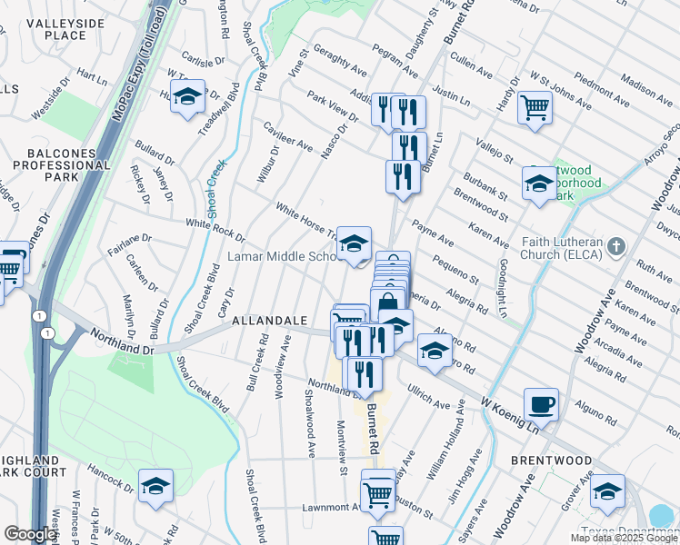 map of restaurants, bars, coffee shops, grocery stores, and more near 6106 Wynona Avenue in Austin