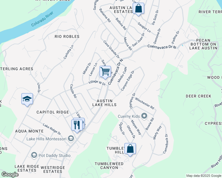 map of restaurants, bars, coffee shops, grocery stores, and more near 9706 Delgado Way in Austin