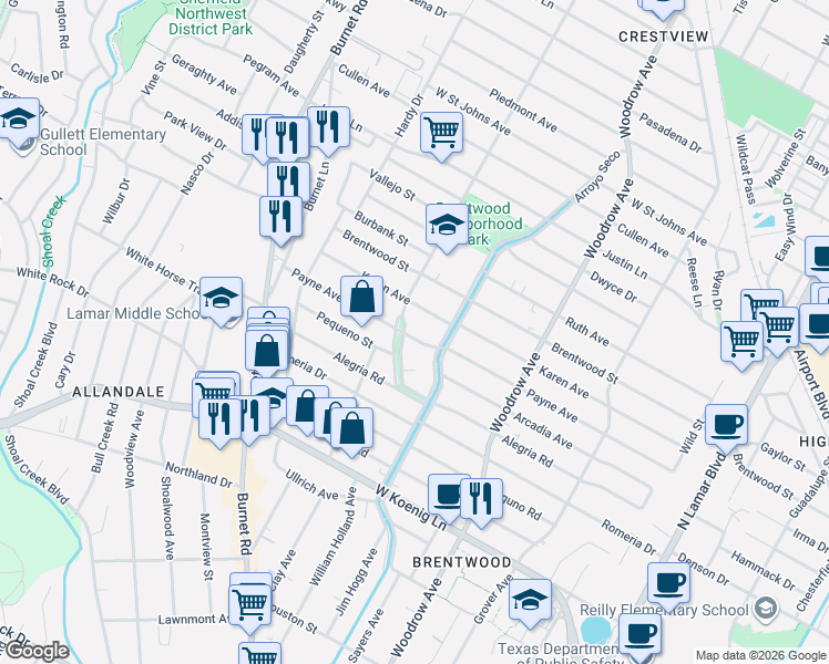 map of restaurants, bars, coffee shops, grocery stores, and more near 1712 Payne Avenue in Austin