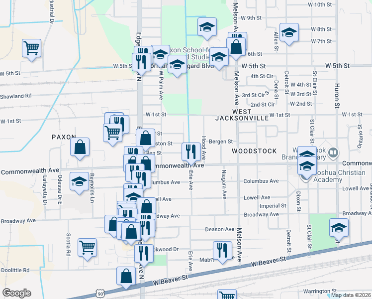 map of restaurants, bars, coffee shops, grocery stores, and more near 1029 Seminole Avenue in Jacksonville