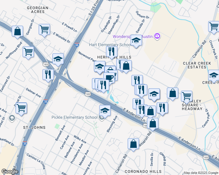 map of restaurants, bars, coffee shops, grocery stores, and more near 1041 Norwood Park Boulevard in Austin
