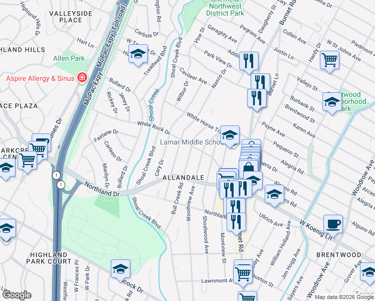 map of restaurants, bars, coffee shops, grocery stores, and more near 6004 Bull Creek Road in Austin