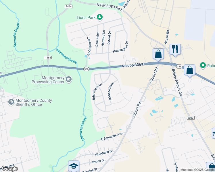 map of restaurants, bars, coffee shops, grocery stores, and more near 1003 Midlane Circle in Conroe