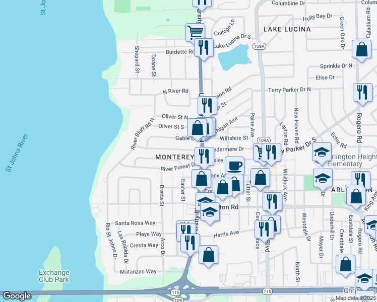 map of restaurants, bars, coffee shops, grocery stores, and more near 5550 Windermere Drive in Jacksonville