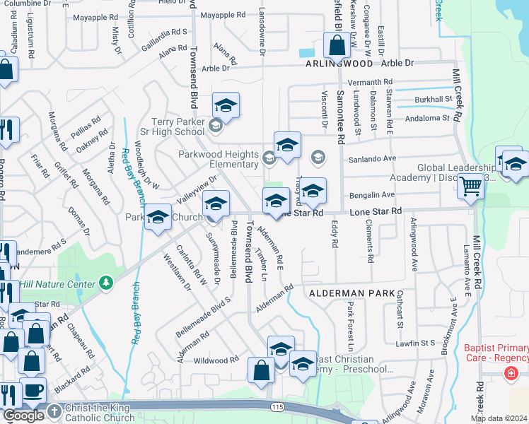 map of restaurants, bars, coffee shops, grocery stores, and more near Lone Star Rd & Lansdowne Dr in Jacksonville