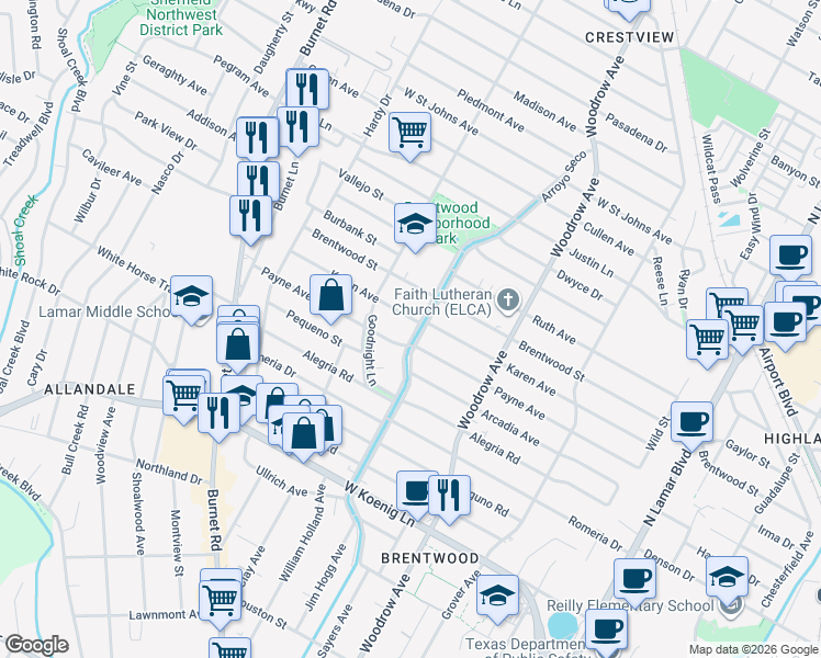 map of restaurants, bars, coffee shops, grocery stores, and more near 6506 Arroyo Seco in Austin