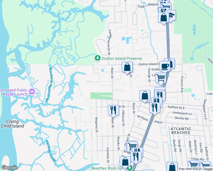 map of restaurants, bars, coffee shops, grocery stores, and more near 710 Kestner Road in Atlantic Beach