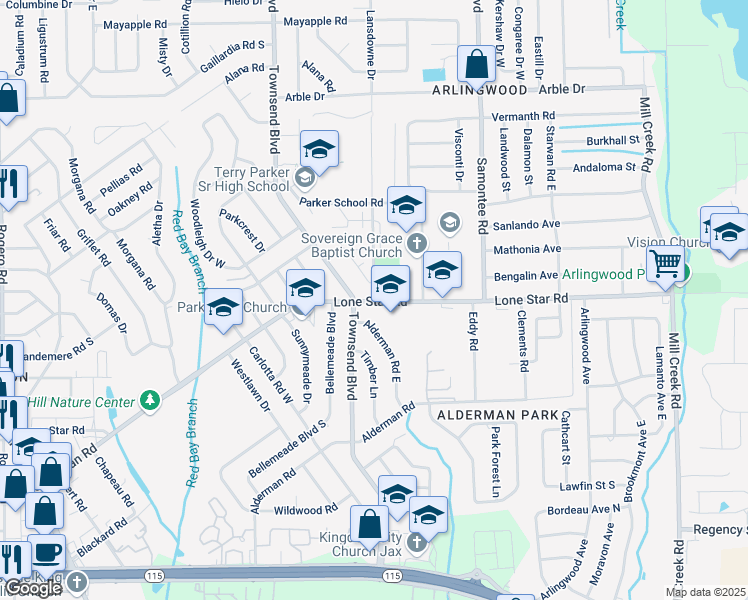 map of restaurants, bars, coffee shops, grocery stores, and more near 8016 Lone Star Road in Jacksonville