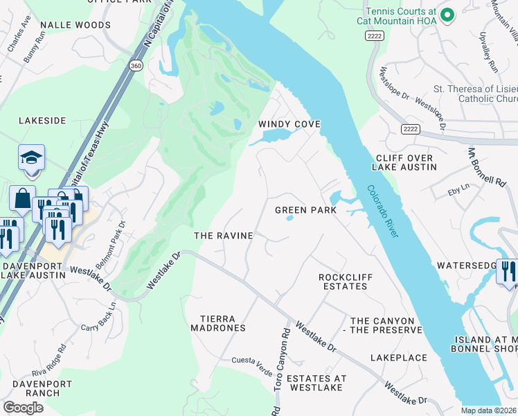 map of restaurants, bars, coffee shops, grocery stores, and more near 4311 Ravine Ridge Trail in Austin