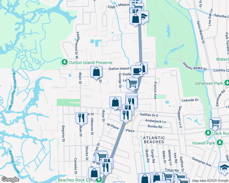 map of restaurants, bars, coffee shops, grocery stores, and more near 1810 Park Street in Atlantic Beach