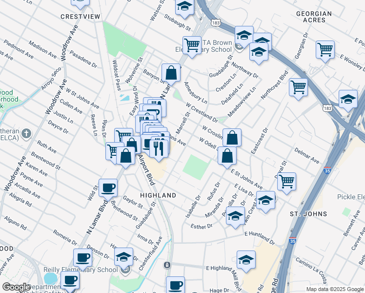 map of restaurants, bars, coffee shops, grocery stores, and more near 601 West Saint Johns Avenue in Austin