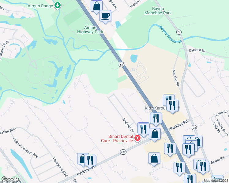 map of restaurants, bars, coffee shops, grocery stores, and more near 37322 North Red Oak Drive in Prairieville