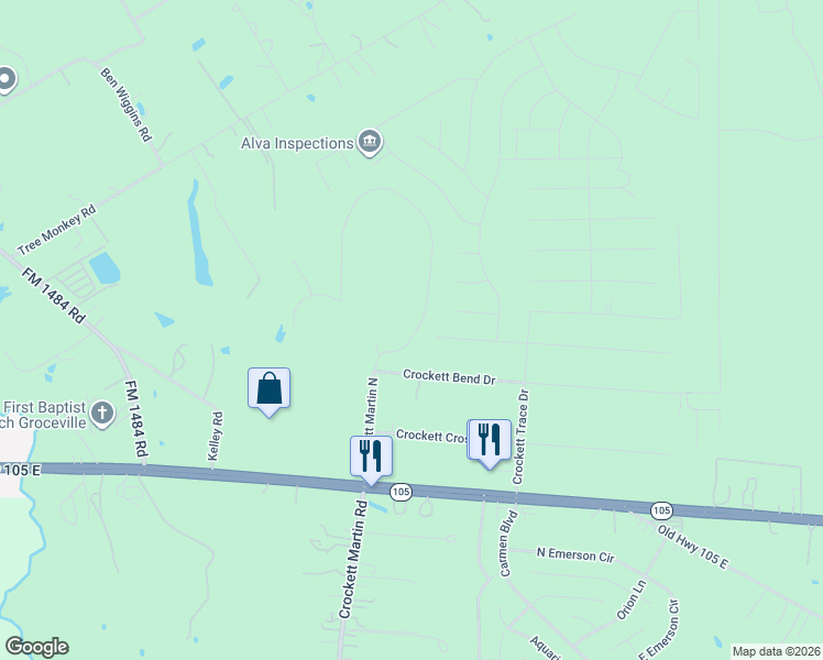 map of restaurants, bars, coffee shops, grocery stores, and more near 16327 Crockett Bend Drive in Conroe