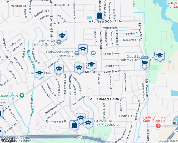 map of restaurants, bars, coffee shops, grocery stores, and more near 8141 Lone Star Road in Jacksonville