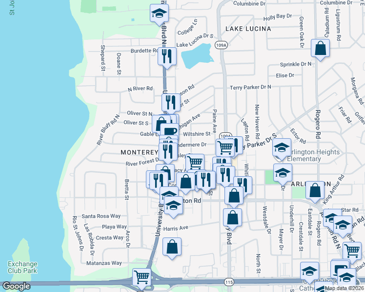 map of restaurants, bars, coffee shops, grocery stores, and more near 5644 Windermere Drive in Jacksonville