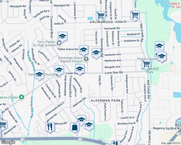 map of restaurants, bars, coffee shops, grocery stores, and more near 8141 Lone Star Road in Jacksonville
