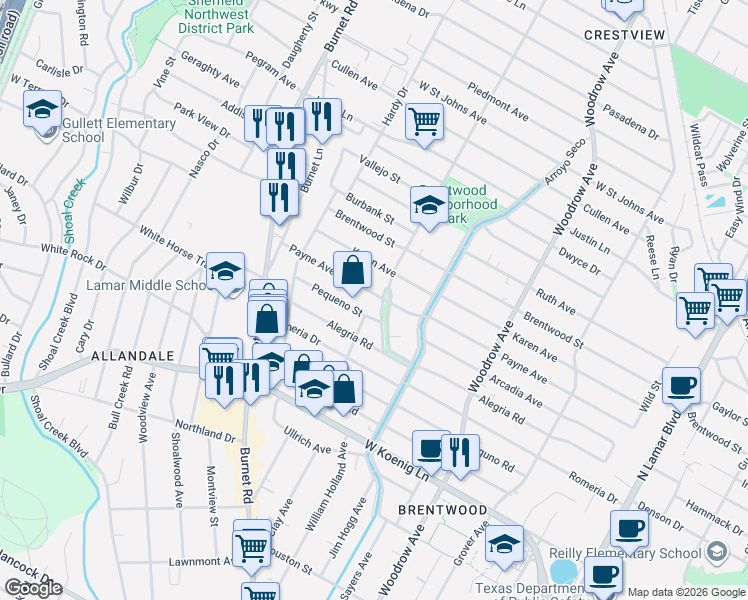 map of restaurants, bars, coffee shops, grocery stores, and more near 1903 Payne Avenue in Austin