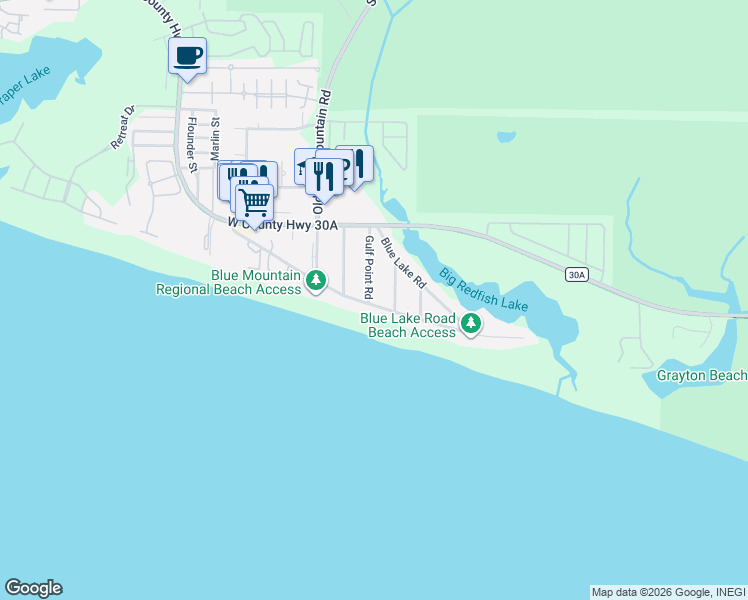 map of restaurants, bars, coffee shops, grocery stores, and more near 436 Blue Mountain Road in Santa Rosa Beach