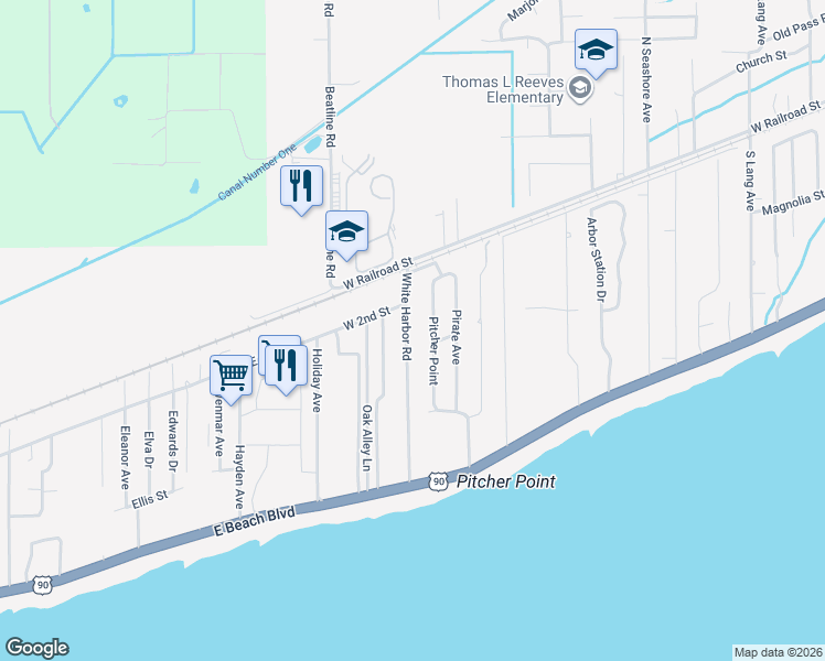 map of restaurants, bars, coffee shops, grocery stores, and more near 216 White Harbor Road in Long Beach