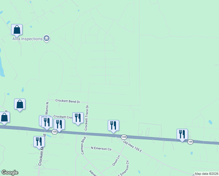 map of restaurants, bars, coffee shops, grocery stores, and more near 16421 Ryan Guinn Way in Conroe
