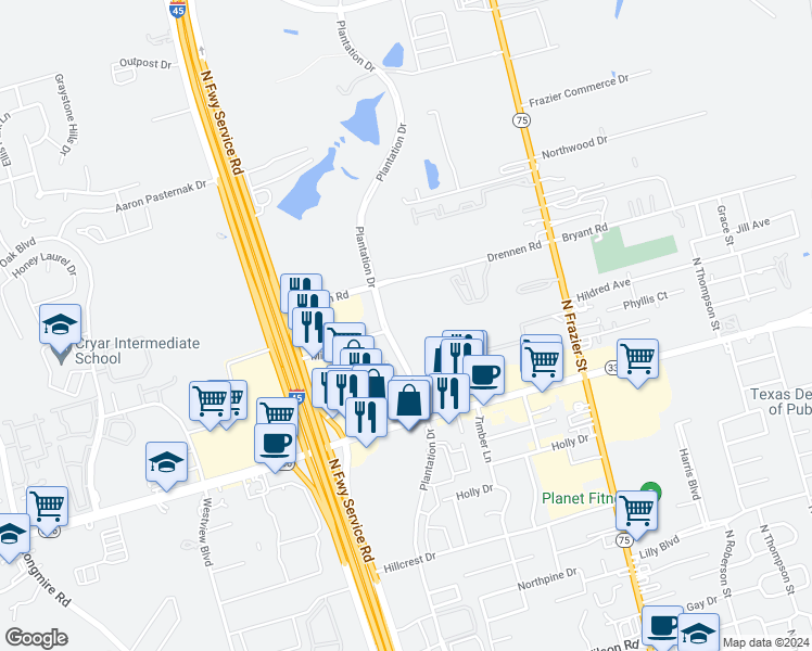 map of restaurants, bars, coffee shops, grocery stores, and more near Plantation Drive in Conroe