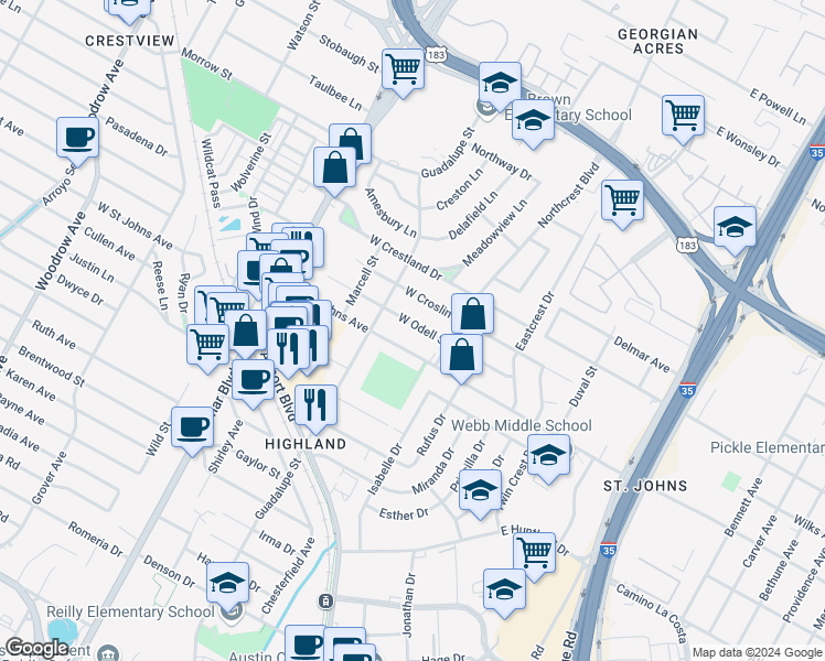 map of restaurants, bars, coffee shops, grocery stores, and more near 412 West Saint Johns Avenue in Austin