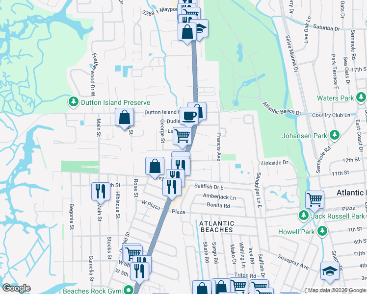 map of restaurants, bars, coffee shops, grocery stores, and more near 1805 Florida A1A in Atlantic Beach