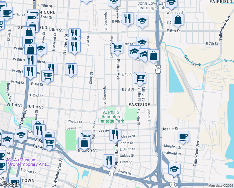 map of restaurants, bars, coffee shops, grocery stores, and more near 1147 Florida Avenue in Jacksonville