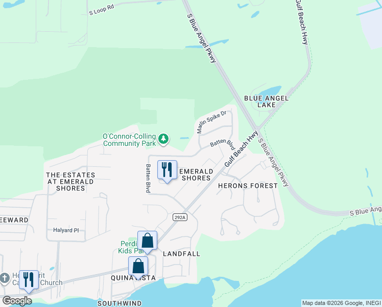map of restaurants, bars, coffee shops, grocery stores, and more near 534 Batten Boulevard in Pensacola
