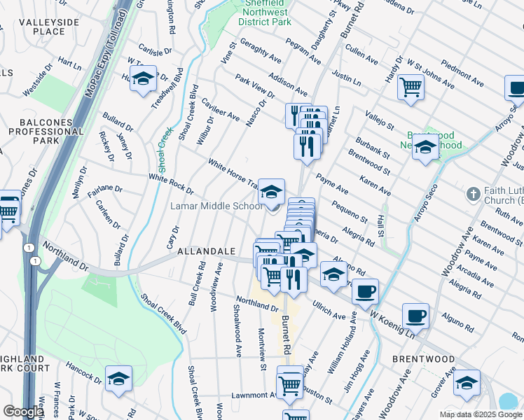 map of restaurants, bars, coffee shops, grocery stores, and more near 6200 Wynona Avenue in Austin