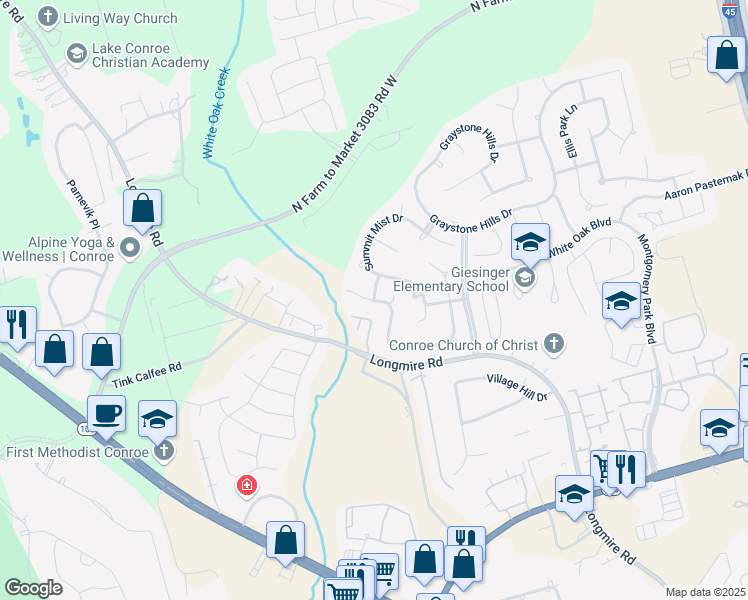 map of restaurants, bars, coffee shops, grocery stores, and more near 2410 Bramlet Drive in Conroe