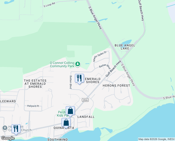 map of restaurants, bars, coffee shops, grocery stores, and more near 538 Batten Boulevard in Pensacola