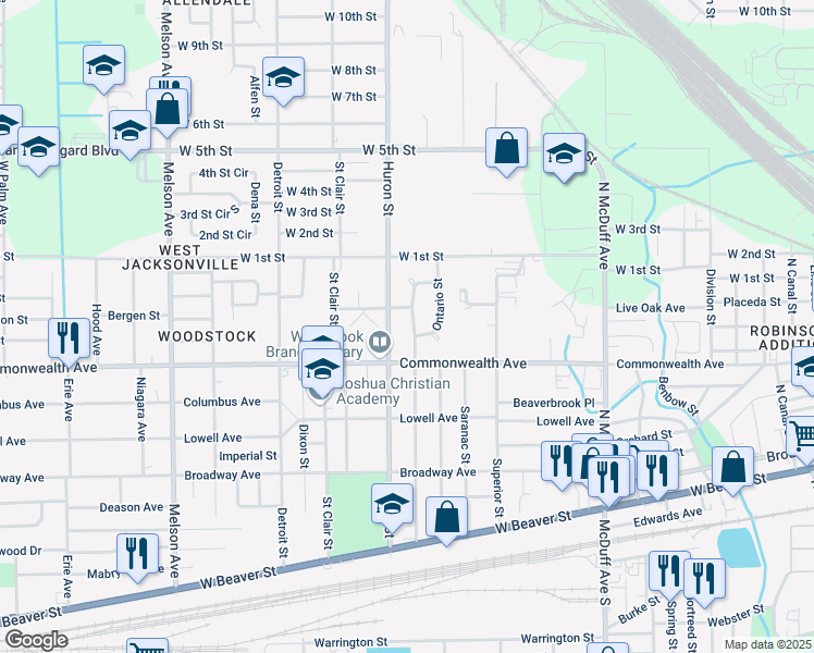 map of restaurants, bars, coffee shops, grocery stores, and more near 1025 Huron Street in Jacksonville